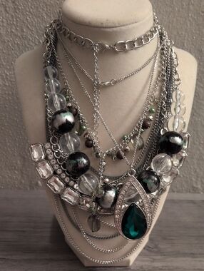 Layered Silver Statement Necklace with Emerald Teardrop Pendant